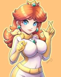 1girls alternate_costume big_breasts biker biker_clothes bikesuit blue_eyes bodysuit breasts brunette busty celischo ear_ring earrings female female_only gloves large_breasts mario_(series) mario_kart nintendo orange_gloves orange_scarf princess_daisy racing_suit racing_uniform skin_tight smile solo voluptuous white_bodysuit