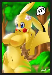 2013 anthro blue_eyes breasts color exposed_breasts eyes female female_only flower fur furry furry_breasts furry_ears furry_tail mouth nintendo nude open_eyes open_mouth outdoors pikachu pointy_ears pokemon shnider solo speech speech_bubble standing tail text