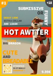 3d_(artwork) absurd_res animal_genitalia animal_penis anthro awtter balls border code cover cute_eyes digital_media_(artwork) english_text erection fur galax genitals hair hi_res invalid_tag looking_at_viewer magazine magazine_cover male male/male mammal mustelid nude otter penis res simple_background smile solo tail text