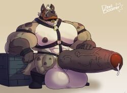 anthro balls bara beefburner big_balls big_penis boner collar erection furry harness hyena hyper_balls hyper_penis male male_only muscles muscular penis solo solo_male