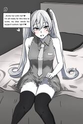 1boy 1girls anal anal_only anal_princess anal_sex blush grayscale hatsune_miku inviting_to_sex no_panties on_bed seductive_look shirt_lift smile stockings thick_thighs tie twintails vocaloid