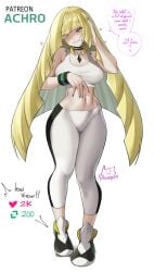 1girls achromaru alternate_breast_size blonde_hair breasts dialogue english_text female green_eyes large_breasts light-skinned_female light_skin long_hair lusamine_(pokemon) mature_female milf mother nintendo pokemon pokemon_sm sports_bra sportswear yoga_pants