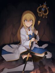 blue_eyes cafe clenched_teeth crying dress female frills goblin_slayer goblin_slayer! grey_thighhighs hair_between_eyes highres holding holding_staff imminent_rape jjanda long_hair long_sleeves looking_at_viewer peeing peeing_self priestess_(goblin_slayer!) priestess_(goblin_slayer) sitting solo staff tears teeth thighhighs urine white_dress