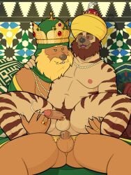 absurd_res accessory anthro bear beard blond_beard blonde_eyebrows bodily_fluids body_hair brown_bear brown_beard brown_body brown_eyebrows brown_eyes brown_fur brown_pubes cel_shading chair_position claws clothed clothing cock_ring crown cum cum_drip cum_in_ass cum_inside detailed_background dripping duo ejaculation eyebrows facial_hair feathers foreskin from_behind_position front_view fur gem genital_fluids genitals geometric_background green_eyes hand_on_leg hand_on_neck hand_on_thigh happy_trail headgear headwear hi_res humanoid_genitalia humanoid_hands humanoid_penis hyena jewelry looking_at_another looking_at_partner male male/male mammal muscular muscular_anthro muscular_male necklace nipples one_eye_closed overweight overweight_anthro overweight_male partially_clothed pearl_(gem) pearl_necklace pecs penetration penis penis_accessory penis_jewelry pillow pubes quasarbearcat religious_clothing religious_headwear ring robe sex shaded simple_background size_difference striped_body striped_fur striped_hyena stripes syrian_bear tan_body tan_fur turban ursine white_claws