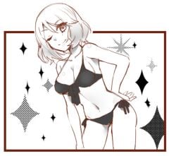 angels_of_death belly_button big_breasts black_bikini catherine_ward light_hair light_skin monochrome nevel one_eye_closed satsuriku_no_tenshi stars string_bikini two_tone_hair