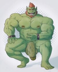 balls bara beard beefburner big_balls big_penis ear_piercing facial_hair flaccid green_body green_skin male male_only muscles muscular nipple_piercing nipple_rings nude orc orc_male penis pointy_ears solo solo_male spread_legs