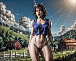 ai_generated barn black_hair bottomless clothed clouds crop_top cum day farm female fence goth grass gray_eyes humanoid hybrid intosica izzzyzzz light_rays looking_at_viewer makeup outdoors pale_skin pussy pussy_juice realistic shaved_pussy standing sunlight sweater tomboy trees unicorn_girl unicorn_horn wristwear youtuber