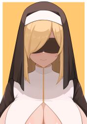 1girls big_breasts blonde_hair breasts cleavage covered_eyes female gigantic_breasts huge_breasts inflationsoul large_breasts long_hair massive_breasts nun original original_character upper_body