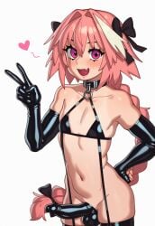 ai_generated astolfo_(fate) bulge copernicus covered_penis erection erection_under_clothes fate/grand_order fate_(series) femboy feminine_male girly heart long_hair looking_at_viewer male male_focus male_only otoko_no_ko peace_sign penis pink_hair rizdraws_(ai_style) skin_fang solo solo_focus solo_male trap v