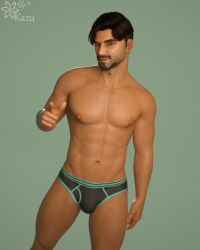 1boy 1human 1male 3d 3d_(artwork) 3d_model brown_eyes brown_hair bulge bulge_through_clothing green_background kazuworks lean_body lean_muscle male male_focus male_only masculine oc original original_character solo solo_focus solo_male tan-skinned_male tan_skin underwear_only winking_at_viewer