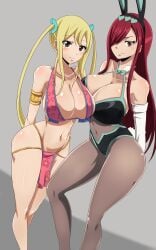 2girls belly_dancer belly_dancer_outfit blonde_hair bunny_girl bunnysuit erza_scarlet fairy_tail female female_focus female_only harem harem_girl harem_outfit huge_breasts loincloth lucy_heartfilia multiple_girls red_hair the_amazing_gambit