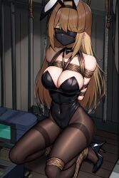 ai_generated arms_behind_back arms_tied belly_button_visible_through_clothing blindfold blonde_hair bondage bound bound_arms bound_legs bunny_ears bunny_girl bunnysuit cell collar gag gagged heel_boots heels long_hair long_socks mythra nintendo on_knees pantyhose parquet restrained revealing rope rope_between_breasts rope_bondage rope_harness tied_up xenoblade_(series) xenoblade_chronicles_2