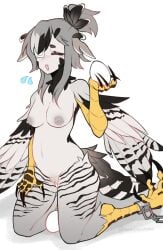 bird_legs bird_tail black_feathers blush breasts claws closed_eyes commentary cuffs egg egg_laying english_commentary eyepatch feathered_wings feathers female flying_sweatdrops grey_feathers grey_hair grey_wings hair_up harpy head_wings highres holding holding_egg inverted_nipples medical_eyepatch medium_breasts monster_girl navel nude open_mouth orange_eyes original ponytail pussy shackles sidelocks simple_background solo tail topopopokoko twitter_username uncensored white_background winged_arms wings