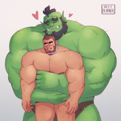 balls bara beard beefburner big_balls big_penis blush facial_hair green_body green_skin heart hug hugging hugging_from_behind human male male_only mateo_(beefburner) muscles muscular no_visible_genitalia nose_ring orc penis size_difference