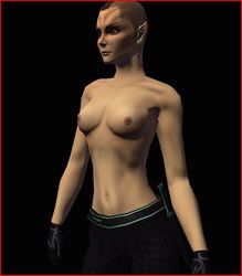 1girls 3d abs alien areolae breasts female female_only forehead_ridges gloves humanoid nipples original_character pointy_ears romulan_(species) solo solo_female star_trek star_trek_online tagme topless trousers