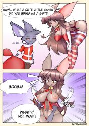 anthro bat batdeadinside big_ears breasts christmas christmas_clothing clothing comic dialogue duo female hi_res holidays male male/female mammal nude nude_female size_difference smaller_male taller_female