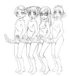 4futas aida_mana blush breasts dokidoki!_precure flat_chest futanari glasses hishikawa_rikka intersex kenzaki_makoto looking_at_viewer monochrome nipples nude precure pretty_cure sketch xopc_(horus) yotsuba_alice