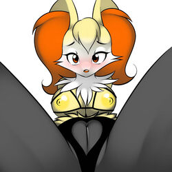 anthro areola braixen breasts canine female fennec fox fur hair kloudmutt lingerie looking_at_viewer mammal nintendo nipples plain plain_background pokémon_(species) pokemon pokemon_(species) presenting presenting_pussy pussy shy solo video_games white_background yellow_fur