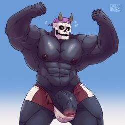 backwards_baseball_cap balls bara barely_contained baseball_cap beefburner big_balls big_penis black_body bulge duncan_(beefburner) flaccid flexing horns male male_only muscles muscular penis skull skull_head solo solo_male