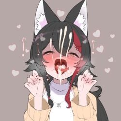 after_fellatio animal_ear_fluff animal_ears black_hair claw_pose commentary cum cum_in_mouth cum_on_hair cum_on_tongue facial female hair_between_eyes hair_ornament hairclip hands_up heart hololive hololive_gamers hololive_japan kani_bonara long_hair looking_at_viewer multicolored_hair ookami_mio ookami_mio_(street) open_mouth red_eyes red_hair solo squinting stray_pubic_hair streaked_hair symbol-only_commentary virtual_youtuber wolf_ears wolf_girl