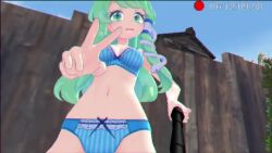 1boy 1girls 3d 3d_animation animated ass_shake barely_clothed blue_underwear dancing filming green_hair gyrating looking_at_viewer low-angle_view no_sound peace_sign pointing pointing_at_self sanae_kochiya selfie_stick suggestive tagme tan_tar_tan_h thrusting tongue tongue_out touhou underwear video watching