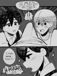 3boys big_penis blush boner brothers comic comic_page english_text erect_penis erection erection_under_clothes femboy gay girly hero_(omori) incest kel_(omori) male male_only monochrome multiple_boys omori open_mouth penis_awe sleeping sunny_(omori) tagme text theblmaster yaoi