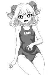 bare_arms bare_legs bare_shoulders breasts cowboy_shot curled_horns earrings female greyscale groin horns jewelry looking_at_viewer monochrome name_tag one-piece_swimsuit onkn_sxkn open_mouth pointy_ears school_swimsuit sharp_teeth sheep_horns short_hair simple_background small_breasts smile solo swimsuit teeth touhou toutetsu_yuuma white_background yuuma_toutetsu