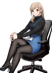 1girls big_breasts blonde_hair blush blush crossed_legs doshimash0 formal formal_wear high_heels long_hair long_sleeves looking_at_viewer neck_tuft sitting sitting_on_chair skirt smile smiling_at_viewer sweater teenager thick_thighs tight_clothing tight_dress workplace