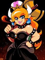 1girls black_dress blonde_hair blue_eyes bowsette cleavage curvy legendofnerd mario_(series) new_super_mario_bros._u_deluxe solo super_mario_bros. super_mario_bros._(nes)