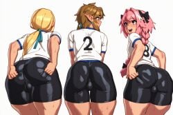 3boys ai_generated ass ass_focus astolfo_(fate) bike_shorts blonde_hair bulge copernicus crossover elf_ears fate/grand_order fate_(series) femboy femboy_only feminine_male from_behind girly link link_(breath_of_the_wild) long_hair looking_at_viewer male male_focus male_only open_mouth otoko_no_ko pink_hair pointy_ears rizdraws_(ai_style) shirt shorts smile solo solo_focus solo_male sportswear sweat the_legend_of_zelda trap yaoi