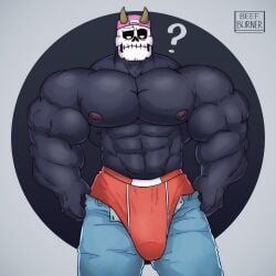 backwards_baseball_cap balls bara baseball_cap beefburner big_balls big_penis black_body bulge duncan_(beefburner) flaccid horns male male_only muscles muscular open_fly pants penis shirtless skull skull_head solo solo_male underwear