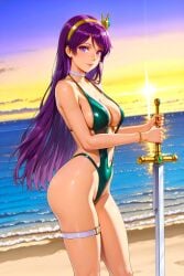 1girls ai_generated athena_asamiya bangs beach beautiful_female busty_girl crown curvy fantasy female_only goddess gold green_bikini heroine hot large_breasts lovely magic magical_girl medieval navel posing purple_eyes purple_hair sea seductive seductive_look sexy side_view sideboob slingshot_swimsuit smile snk snk_heroines:_tag_team_frenzy snk_playmore solo_female stable_diffusion sunset superheroine the_king_of_fighters toongenai video_game_character video_game_franchise video_games waves