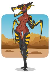 2_toes 3_fingers 6_limbs absurd_res anthro arachnid_(starship_troopers) black_body black_exoskeleton breasts claws countershade_face countershade_neck countershade_torso countershading dark_sclera desert exoskeleton extraterrestrial feet female fingers fist genitals hi_res long_limbs looking_at_viewer mandibles markings nipples penny_prickles plantigrade pseudo_arachnid pussy red_body red_markings red_skin sharp_teeth simple_background slim smile solo standing starship_troopers stripes teeth toes warrior_bug white_background white_eyes yellow_body yellow_exoskeleton yellow_stripes zikka_arakni