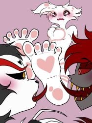 3boys alastor_(hazbin_hotel) angel_dust_(hazbin_hotel) artist_request barefoot blushing cat_ears deer_horns feet foot_fetish foot_worship hazbin_hotel husk_(hazbin_hotel) male male_only naked soles spider toes yaoi