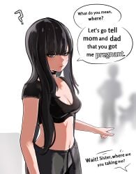 ! 1girls 2020s 2024 2d 2d_(artwork) ? average_breasts bangs black_eyes black_hair black_shirt breasts brother brother_and_sister choker cleavage clothed clothing crop_top english_text eyebrows_visible_through_hair eyeliner goth goth_girl gothic high_resolution highres human impregnated incest ioxat light-skinned_female light_skin long_hair medium_breasts parent plain_background pointing pov shirt sibling siblings simple_background sister speech_bubble tagme text text_bubble unseen_character unseen_male_face white_background