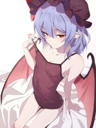 1girls asutora bat_wings blue_hair female female_focus female_only flat_chest hat light-skinned_female light_blue_hair light_skin looking_at_viewer petite petite_body petite_female red_eyes remilia_scarlet short_hair skinny_thighs sleeveless sleeveless_shirt slender_thighs slim_thighs small_breasts smile smiling smiling_at_viewer smirking smug smug_face smug_grin tagme teasing teasing_viewer tight_clothes tight_clothing touhou vampire vampire_girl