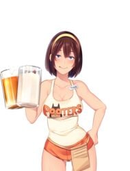 ;q bare_arms bare_legs bare_shoulders beer beer_mug blue_eyes blush breasts brown_hair butcha-u cleavage closed_mouth crotchless cum cum_in_container cum_in_cup cup delightfully_fuckable_and_unrefined!! drinking_glass eyelashes female game_cg hair_between_eyes hairband hand_on_hip hand_up holding holding_drinking_glass holding_glass hooters kenzen!_hentai_seikatsu_no_susume large_breasts legs licking_lips looking_at_viewer maezono_chinami name_tag naughty_face orange_shorts original pubic_hair short_hair short_shorts shorts simple_background sleeveless smile solo standing tank_top thighs transparent_background yellow_hairband