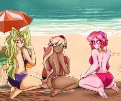 3girls anoneysnufftan bare_back beach bikini blonde_hair crossover dark-skinned_female dark_skin defeated eastern_and_western_character embarrassed female female_only helluva_boss human human_form human_verosika_mayday long_hair looking_back mai_valentine miss_heed_(villainous) ocean peril pink_eyes pink_hair presenting purple_eyes sand scared seaside short_hair sitting sky succubus summer sunbathing surrendering swimsuit timmykane25 umbrella untied untied_bikini verosika_mayday_(helluva_boss) villainous waiting water wavy_mouth yu-gi-oh!