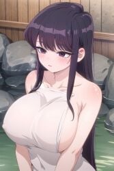 ai_generated ailucius777 big_breasts blush female komi-san_wa_komyushou_desu komi_shouko large_breasts light_skin long_hair onsen shy towel