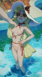 1girls bikini breasts censored charlie_morningstar_(hazbin_hotel) female female_only hazbin_hotel mossa pool pussy selfie small_breasts solo sun_hat