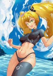 abs belly_button bikini_bottom dokibird green_eyes indie_virtual_youtuber katosh nipples_visible_through_clothing thighhighs twintails virtual_youtuber water watermark yellow_hair