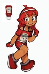 ai_generated black_eyes black_skin brown_eyes dark_skin gloves headband heinz ketchup ketchup_bottle off_shoulder red_hair sports_shorts tagme