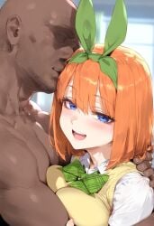 1boy 1girls :d ai_generated bald bangs blue_eyes blurry_background blush bow bowtie breast_press breasts cheating_girlfriend clothed_female_nude_male clothing collared_shirt dark-skinned_male dark_skin eyebrows_visible_through_hair faceless faceless_male female go-toubun_no_hanayome green_bow green_bowtie green_hairband green_neckwear green_ribbons green_skirt hair_between_eyes hair_ornament hair_ribbon hairband large_breasts looking_at_viewer male manly nakano_yotsuba nakatori netorare ntr nude open_mouth orange_hair ribbon school_uniform shirt short_hair short_sleeves smile straight sweater_vest teeth uniform upper_body white_shirt