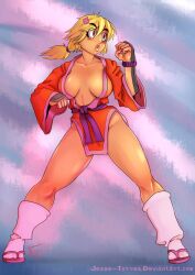 1girls big_breasts blonde_hair female mimiko_(sbgw) nerdbayne open_clothes red_kimono sandals super_booby_greasy_warriors white_socks