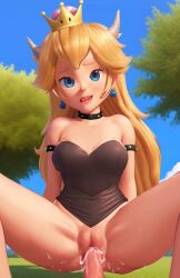 ai_generated black_dress blonde_hair blue_eyes bowsette collar cowgirl_position crown cum_in_pussy horns mario_(series) new_super_mario_bros._u_deluxe ohmywaifu orgasm patreon_username penis penis_in_pussy tagme vaginal_penetration vaginal_sex