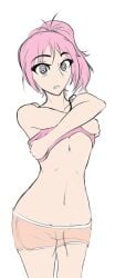 1girls 2d 2d_(artwork) breasts crystal_(lewd-zko) expressionless female female_only hypnosis lewd-zko mind_control navel no_bra open_mouth original pink_hair ponytail shirt shirt_lift shorts simple_background sketch solo spiral_eyes undressing white_background zko