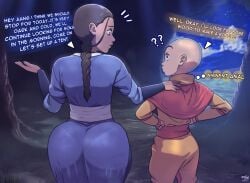 1boy 1girls aang air_nomad airbender_tattoo ass avatar_legends avatar_the_last_airbender bald big_ass bubble_butt d-art dark-skinned_female english_text fat_ass female huge_ass imminent_anal katara male nickelodeon panties_visible_through_clothing talking teen text the_avatar water_tribe