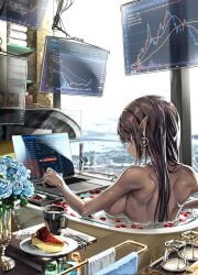 absurdres back bathroom bathtub black_hair bottle breasts cake cake_slice carrot_cake_(my_little_pony) computer cup dark-skinned_female dark_skin elf female flower food glass highres huge_breasts laptop long_hair miyu_(miyu_heuung) monitor note nude original petals pointy_ears red_eyes serious window