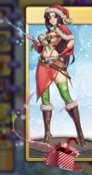 brown_hair christmas clothed clothed_female fap_titans girl green_socks grey_rose high_heel_boots holidays nutaku red_hat red_skirt santa_hat white_skin winter