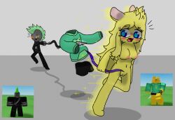 1boy 1girls 2024 3_fingers anthro blonde_hair blue_eyes blush blush_lines bow_(weapon) breasts clothed clothing deer digital_media_(artwork) female fight fingers fur genitals grey_body hair human magic male mammal melee_weapon mohawk navel nipples nude open_mouth orange_eyes polearm pussy ranged_weapon reference_image removing_clothing roblox roblox_avatar robloxian running sammyss source_request spear star tail tongue weapon yellow_body yellow_fur